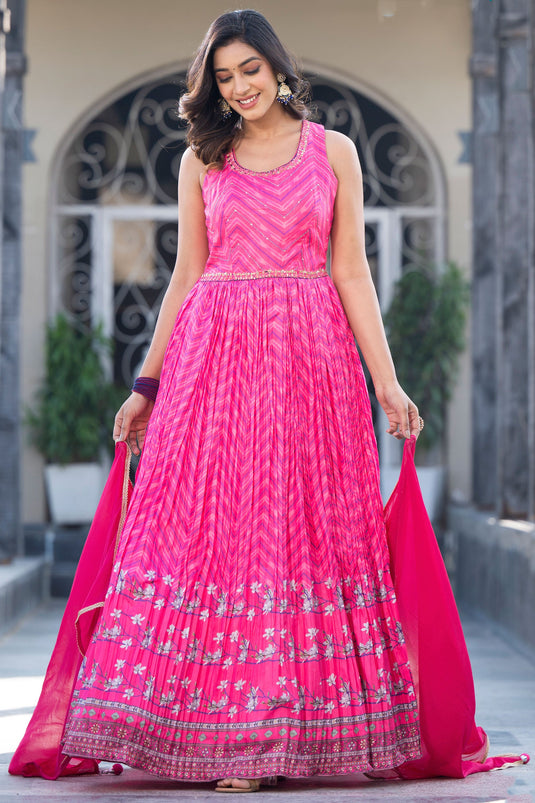 Attractive Dola Silk Fabric Pink Color Readymade Digital Printed Gown With Dupatta