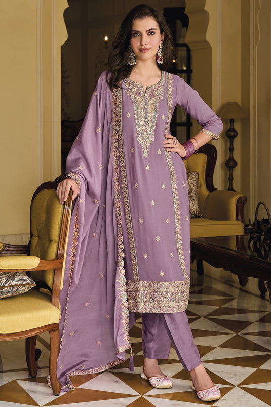 Purple Jacquard Embroidered Straight Salwar Suit
