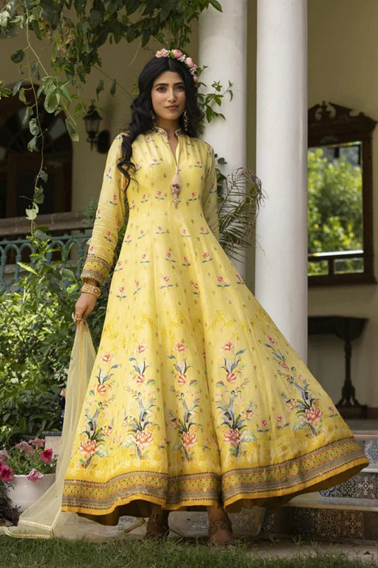 Elegant Jacquard Fabric Yellow Color Printed Gown With Dupatta