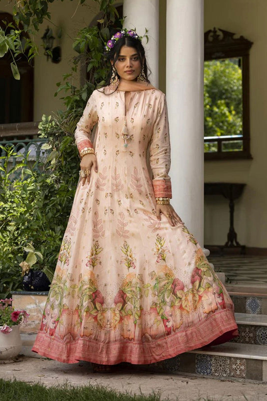 Jacquard Fabric Printed Gown With Dupatta in Vibrant Peach Color