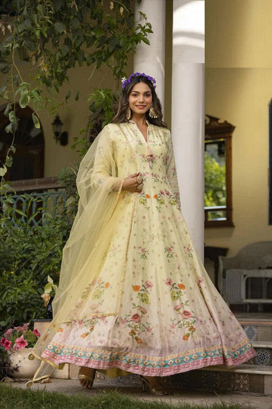 Stunning Cream Color Jacquard Fabric Printed Gown With Dupatta