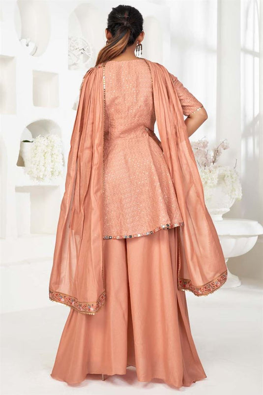 Peach Color Party Wear Art Silk Fabric Salwar Suit With Stunning Sequins Work