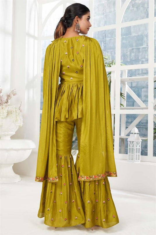 Party Wear Mehendi Green Color Chinon Fabric Ingenious Salwar Suit With Embroidered Work