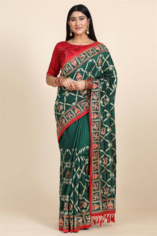Dark Green Color Art Silk Fabric Puja Wear Lavish Saree With Embroidered Work