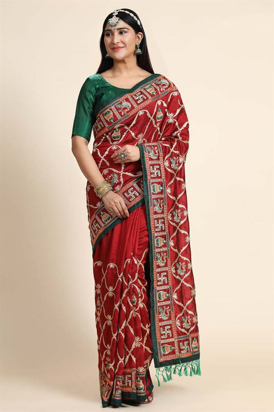 Embroidered Work On Maroon Color Puja Wear Soothing Saree In Art Silk Fabric