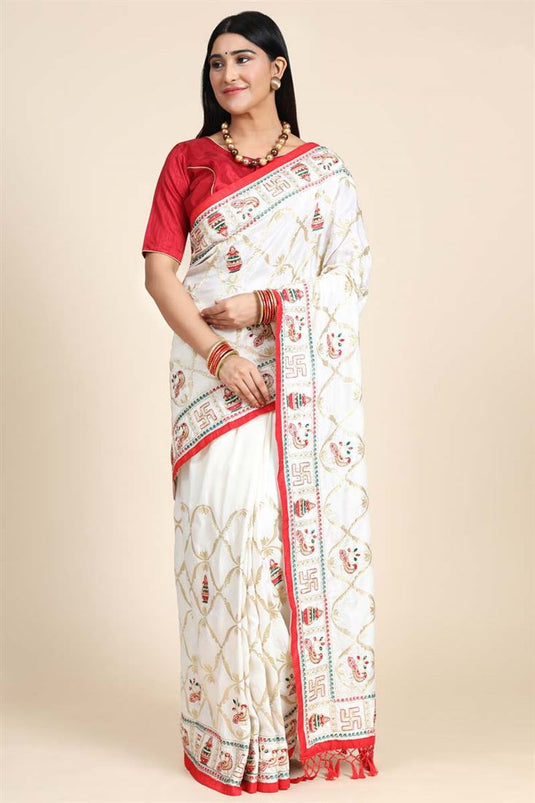 Art Silk Fabric White Color Puja Wear Saree With Remarkable Embroidered Work