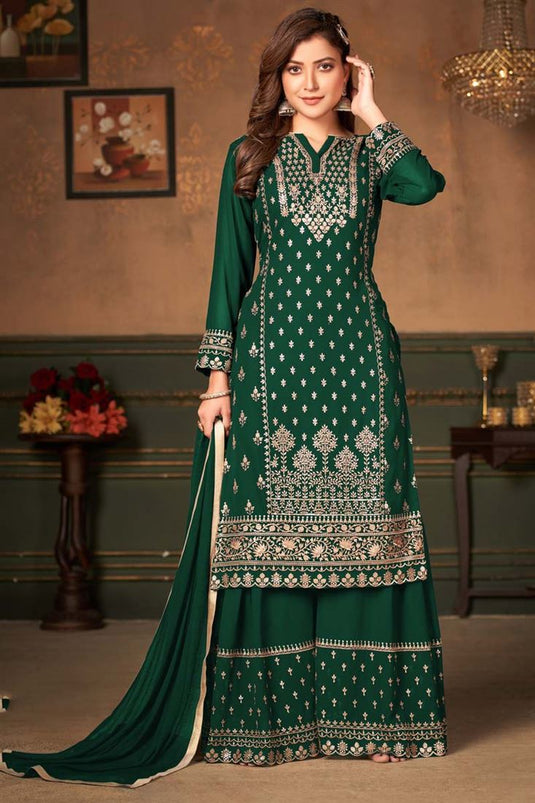 Embellished Embroidered Work On Green Color Function Wear Palazzo Suit In Georgette Fabric