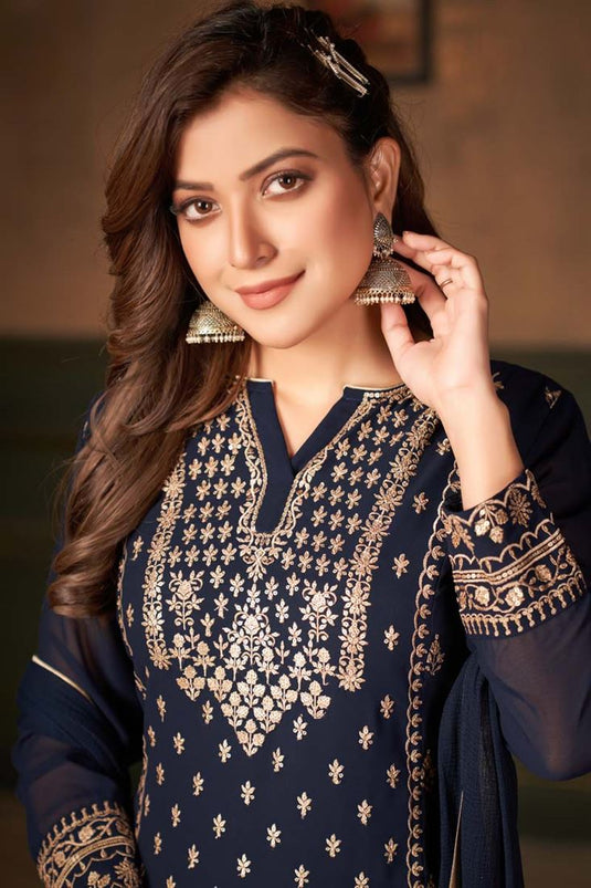 Navy Blue Color Georgette Fabric Function Wear Palazzo Suit With Fantastic Embroidered Work