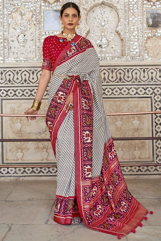 Red Color Function Wear Patola Printed Art Silk Fabric Amazing Saree