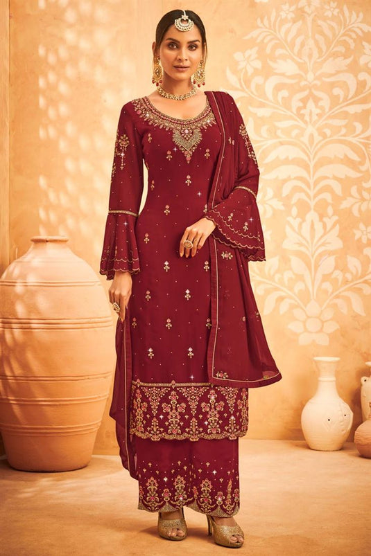 Georgette Fabric Maroon Color Party Wear Salwar Suit With Dazzling Embroidered Work
