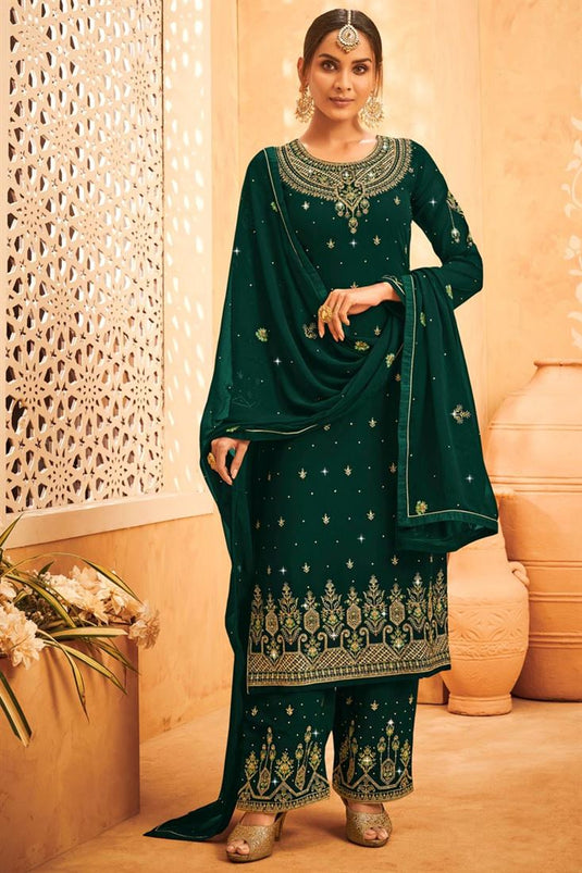 Dark Green Color Astounding Embroidered Work On Georgette Fabric Party Wear Salwar Suit