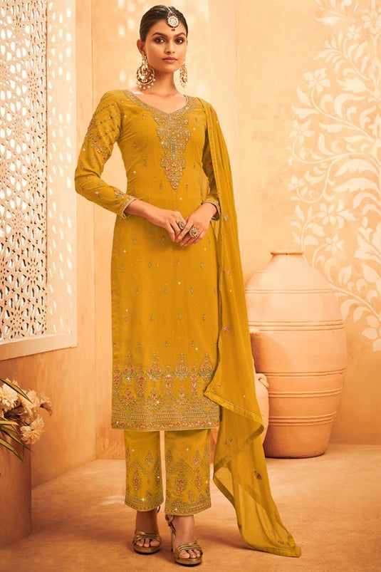Sparkling Embroidered Work On Georgette Fabric Party Wear Salwar Suit In Yellow Color