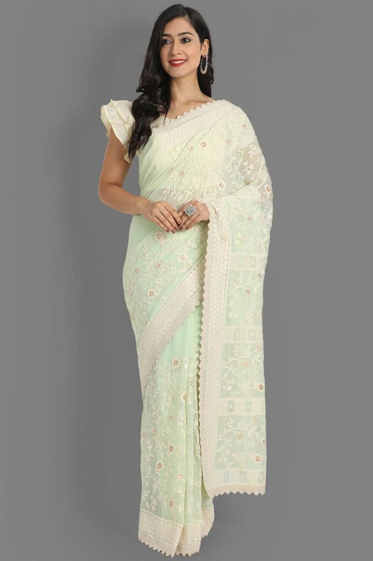 Festival Wear Sea Green Color Embroidered Work Georgette Fabric Charming Lakhnavi Saree