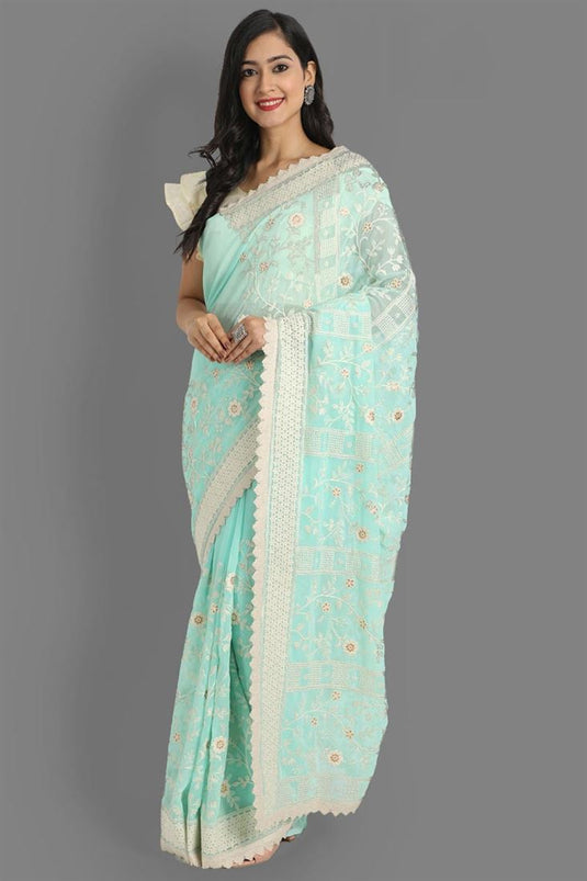 Cyan Color Festival Wear Georgette Fabric Beguiling Lakhnavi Saree With Embroidered Work
