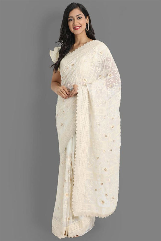 Festival Wear White Color Georgette Fabric Fabulous Lakhnavi Saree With Embroidered Work