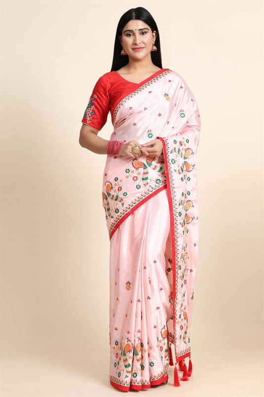 Crepe Silk Fabric Festival Wear Patterned Embroidered Work Saree In Pink Color