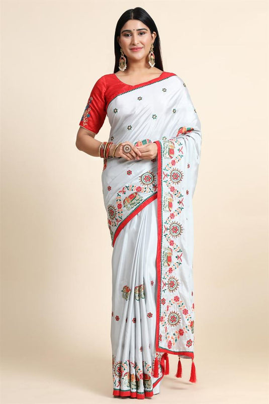 Crepe Silk Fabric Festival Wear Riveting Embroidered Work Saree In Grey Color