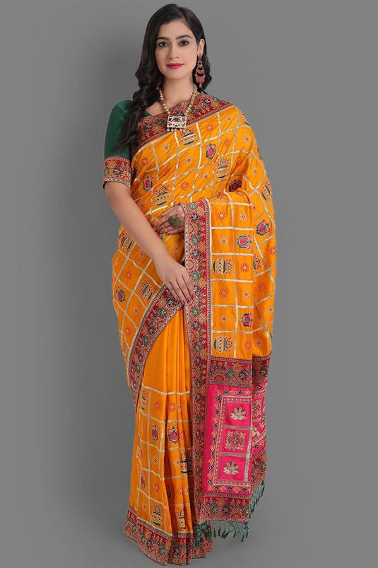 Art Silk Fabric Festival Wear Embroidered Work Superior Patola Saree In Orange Color