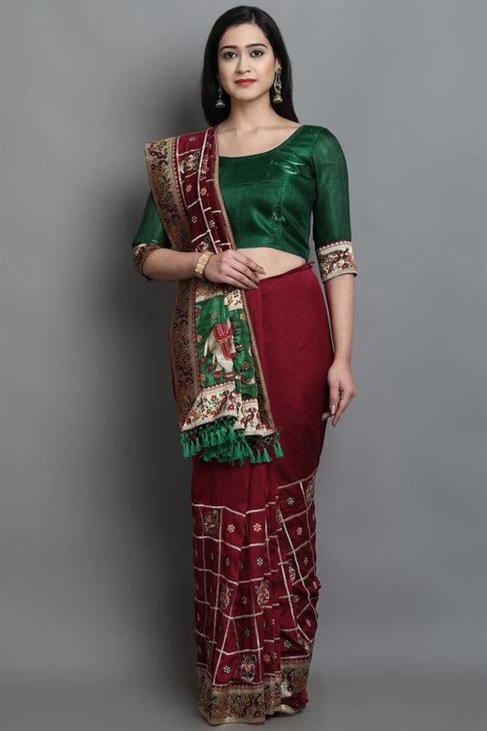 Beguiling Embroidered Work Festival Wear Art Silk Fabric Patola Saree In Maroon Color