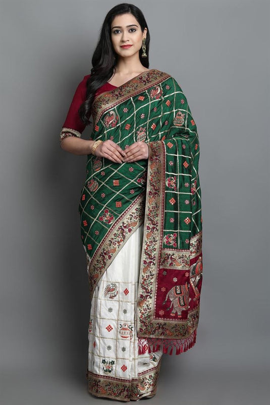 White Color Festival Wear Blazing Embroidered Patola Saree In Art Silk Fabric