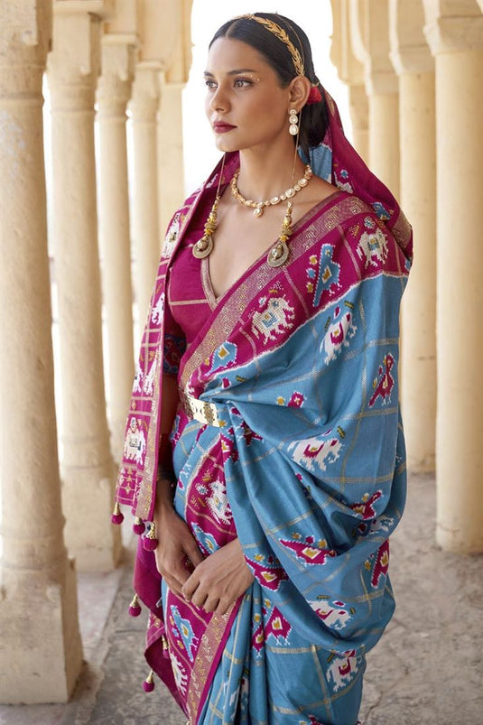 Printed Work Art Silk Fabric Sky Blue Color Function Wear Incredible Saree