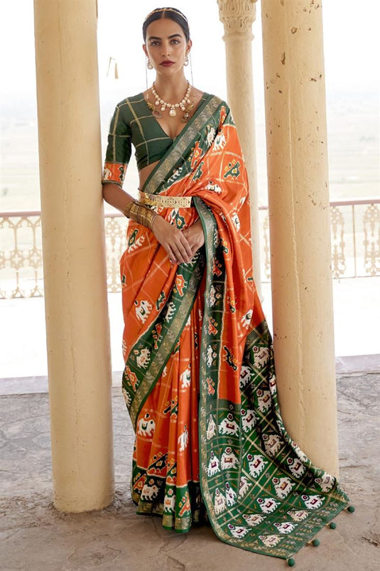 Function Art Silk Fabric Orange Color Adorming Saree With Printed Work