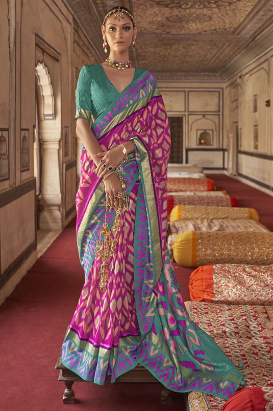 Function Wear Patola Silk Fabric Magenta Color Princely Saree With Printed Work