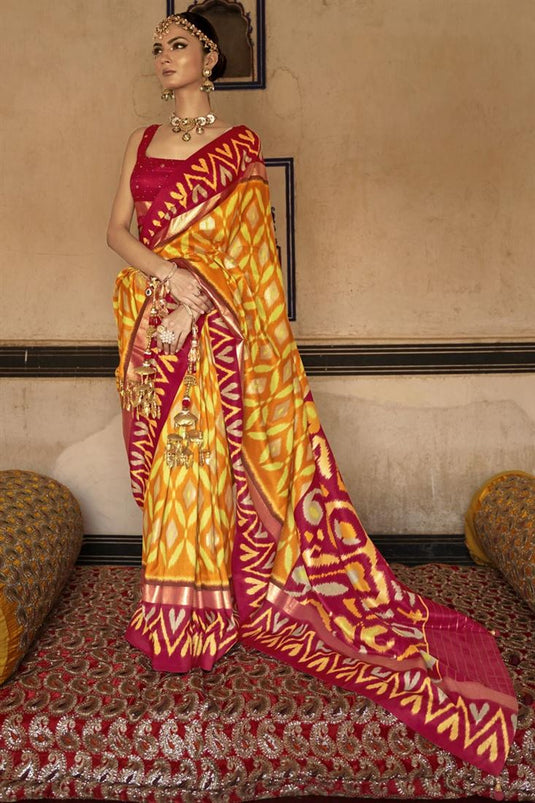 Yellow Color Patola Silk Fabric Function Wear Precious Saree With Printed Work