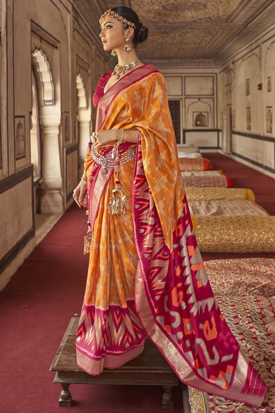 Patola Silk Fabric Orange Color Function Wear Majestic Saree With Printed Work