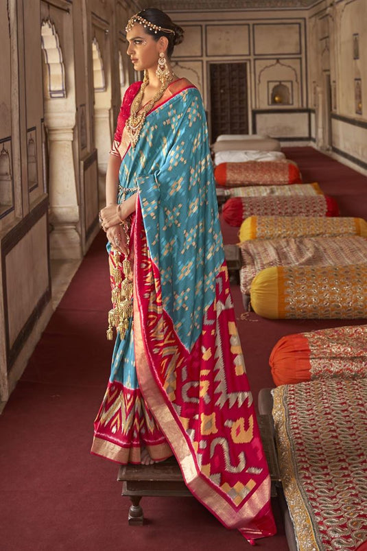 Cyan Color Function Wear Engrossing Saree With Printed Work In Patola Silk Fabric