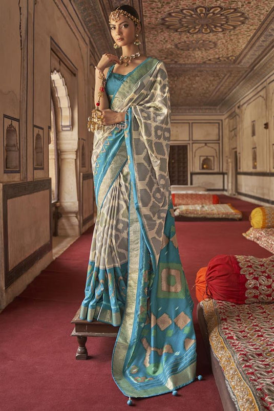 Function Wear Off White Color Enthralling Saree With Printed Work In Patola Silk Fabric