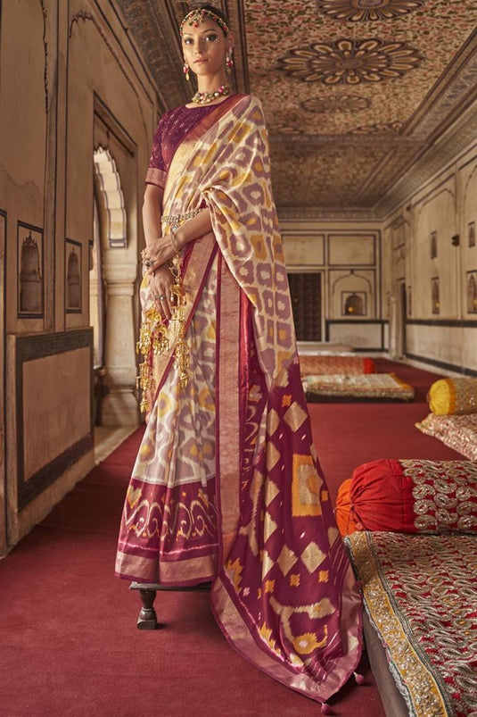 Attractive Patola Silk Fabric Beige Color Function Wear Saree With Printed Work