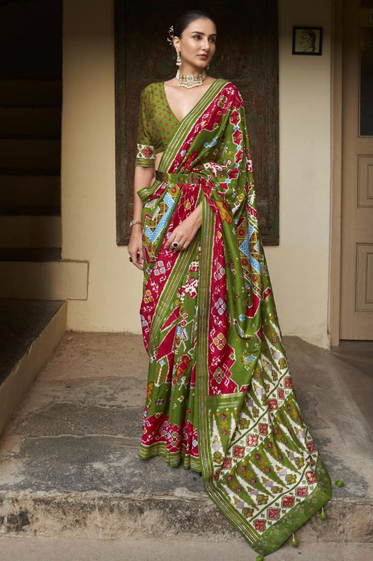 Art Silk Fabric Mehendi Green Color Excellent Patola Printed Saree