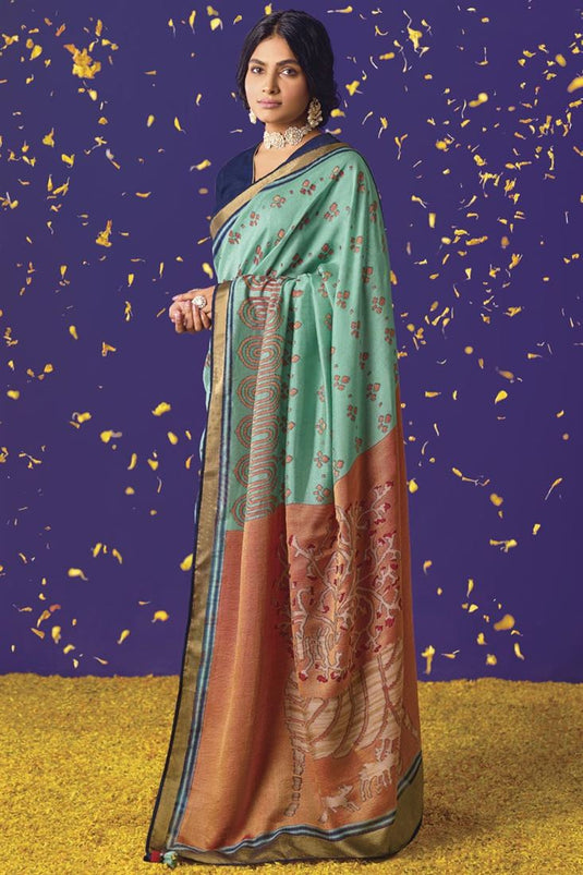 Weaving Work Light Cyan Color Engrossing Saree In Brasso Fabric