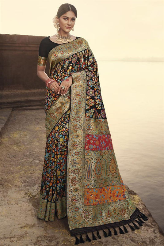 Banarasi Style Silk Fabric Black Color Winsome Saree With Weaving Work