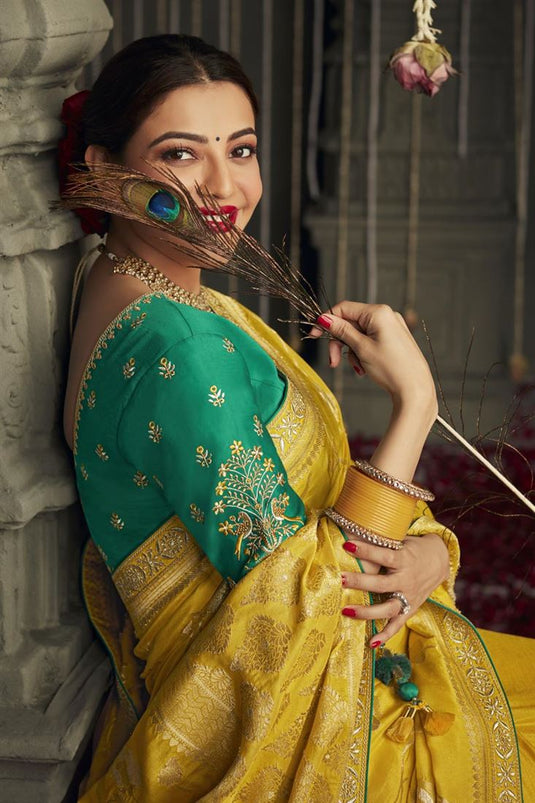 Crepe Fabric Yellow Color Kajal Aggarwal Saree With Excellent Border Work