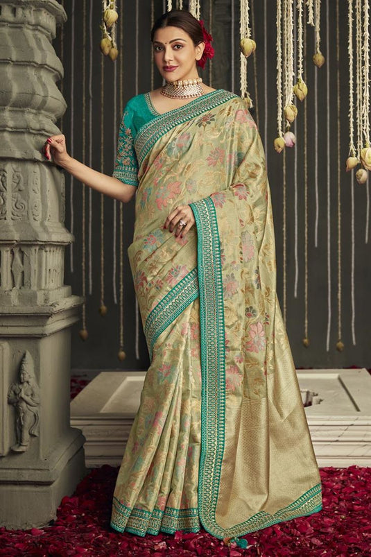 Beige Color Border Work On Crepe Fabric Stunning Kajal Aggarwal Saree