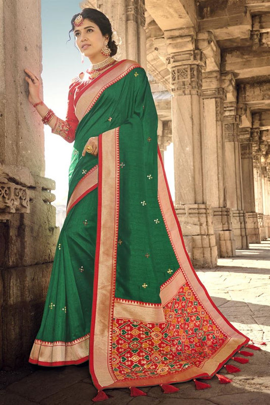 Green Color Gorgeous Banarsi Style Silk Saree With Weaving Work