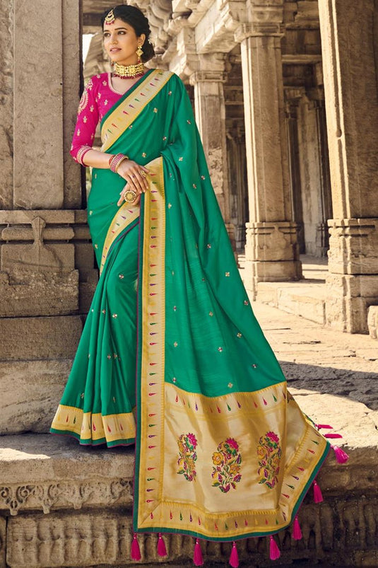 Weaving Work On Soothing Banarsi Style Silk Saree In Green Color