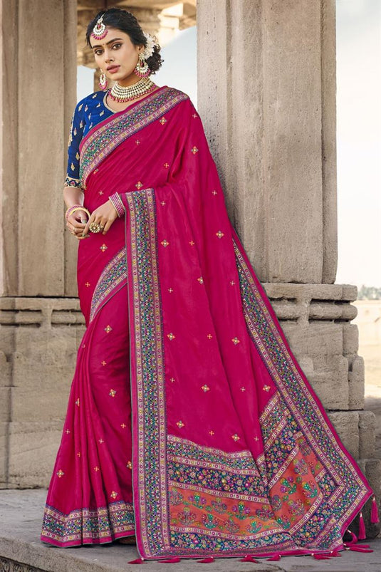 Rani Color Glorious Banarsi Style Silk Saree With Weaving Work