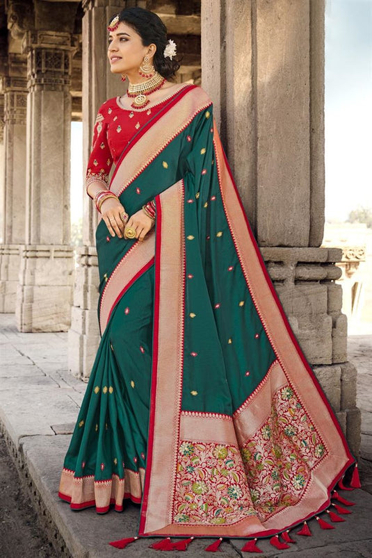 Delicate Teal Color Weaving Work Banarsi Style Silk Saree