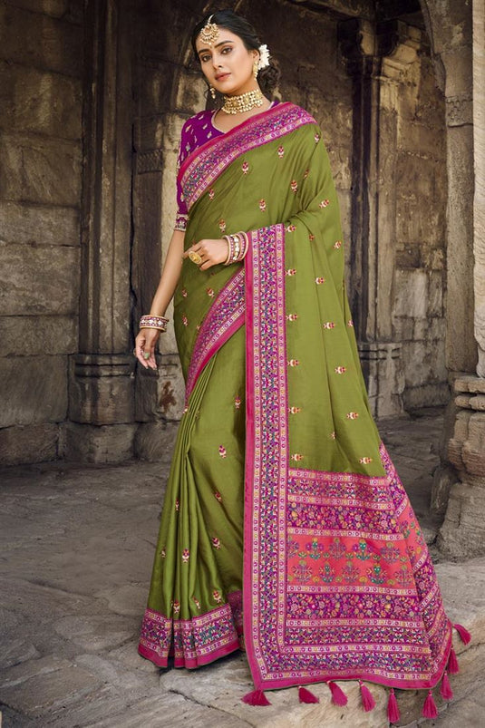 Alluring Mehendi Green Color Weaving Work Banarsi Style Silk Saree