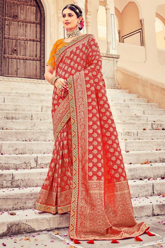 Beauteous Art Silk Fabric Red Color Function Wear Saree