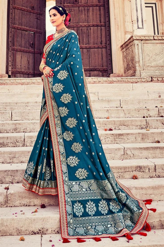 Fabulous Teal Color Function Wear Saree In Art Silk Fabric