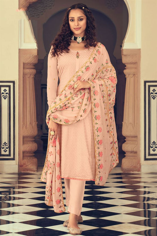 Embroidered Work On Georgette Fabric Mesmerizing Salwar Suit In Peach Color