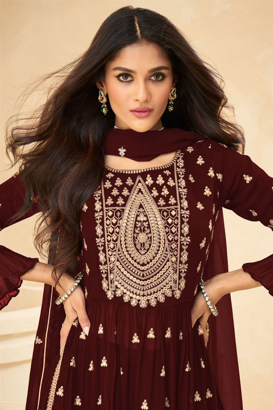 Fascinating Brown Color Embroidered Palazzo Suit In Georgette Fabric