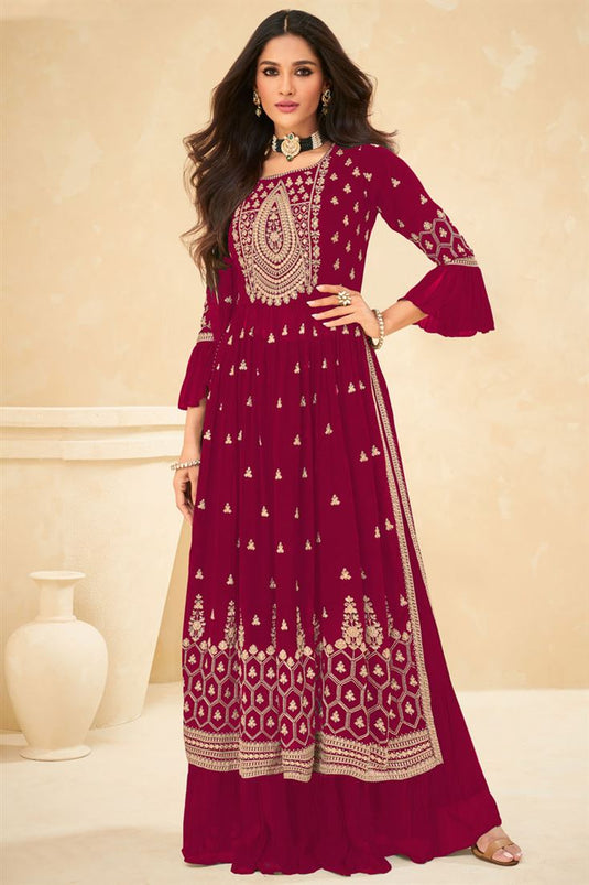 Georgette Fabric Rani Color Sensational Embroidered Palazzo Suit