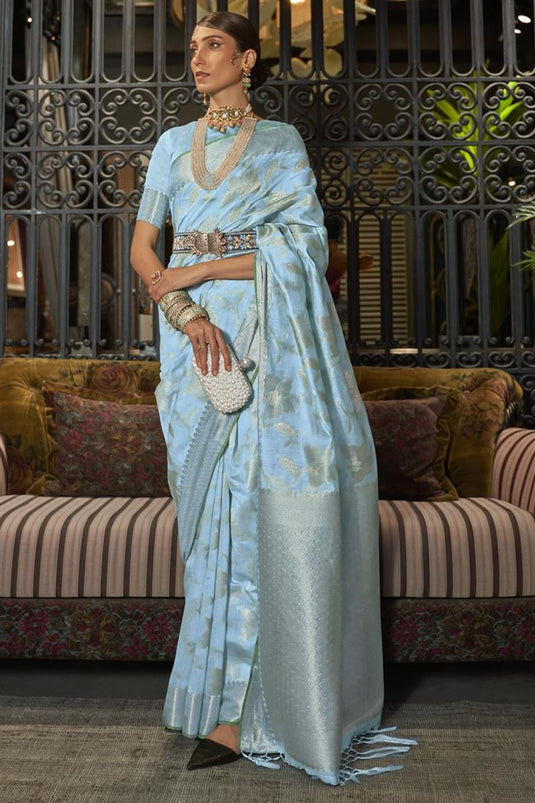 Art Silk Fabric Sky Blue Color Party Look Fantastic Saree