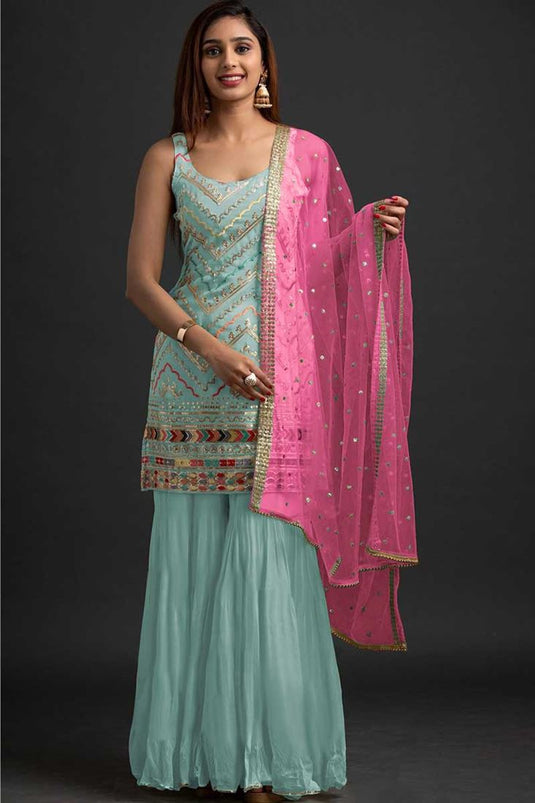 Cyan Color Function Wear Stylish Sharara Suit In Georgette Fabric