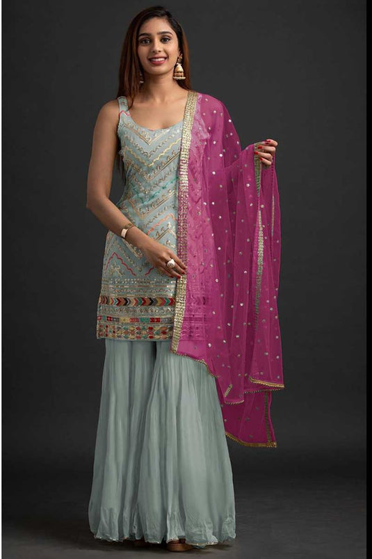 Function Wear Georgette Fabric Beatific Sharara Suit In Light Cyan Color